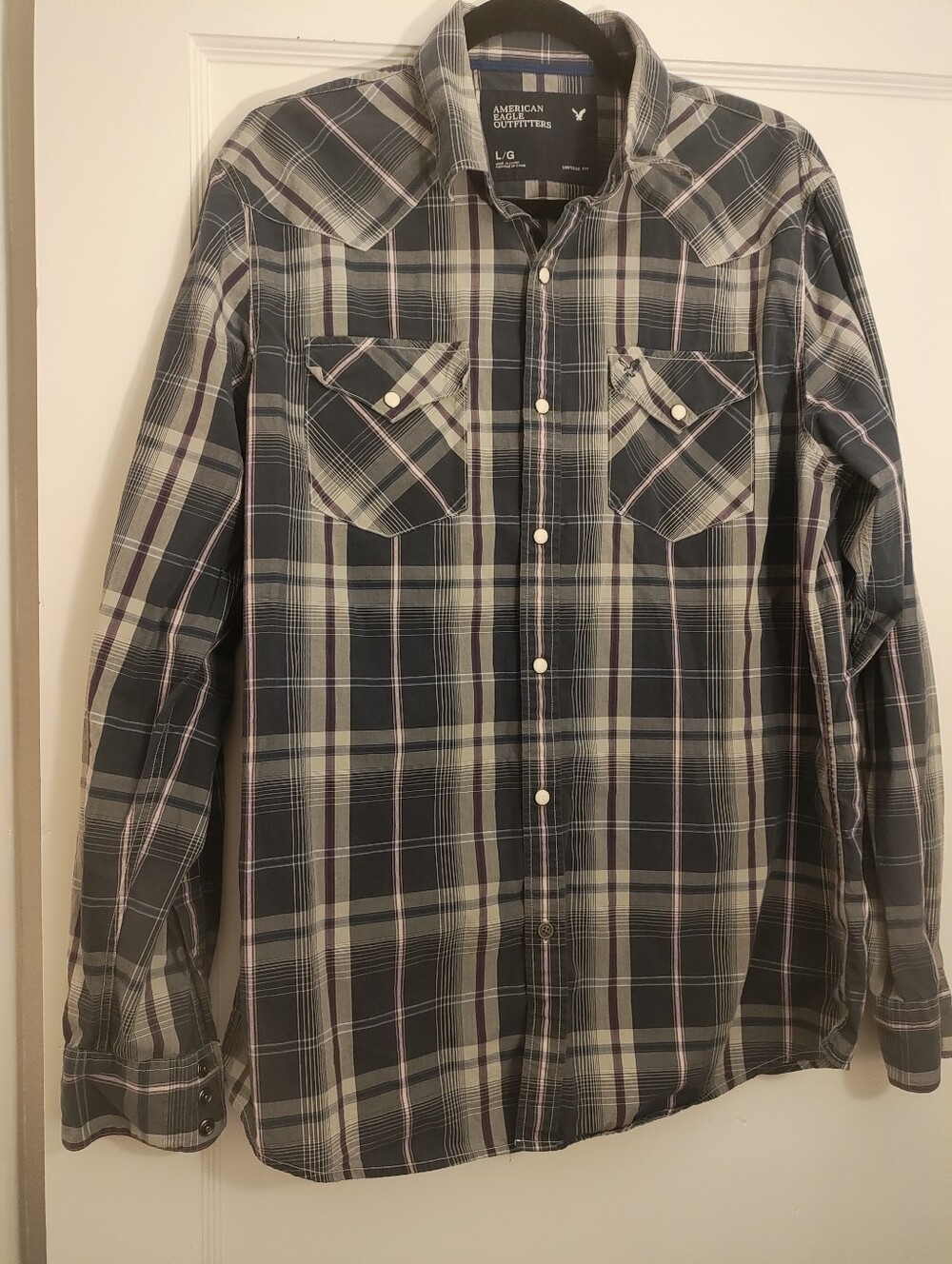 American Eagle Y2K Western Plaid Pearl Snap Shirt Men’s L Vintage Fit